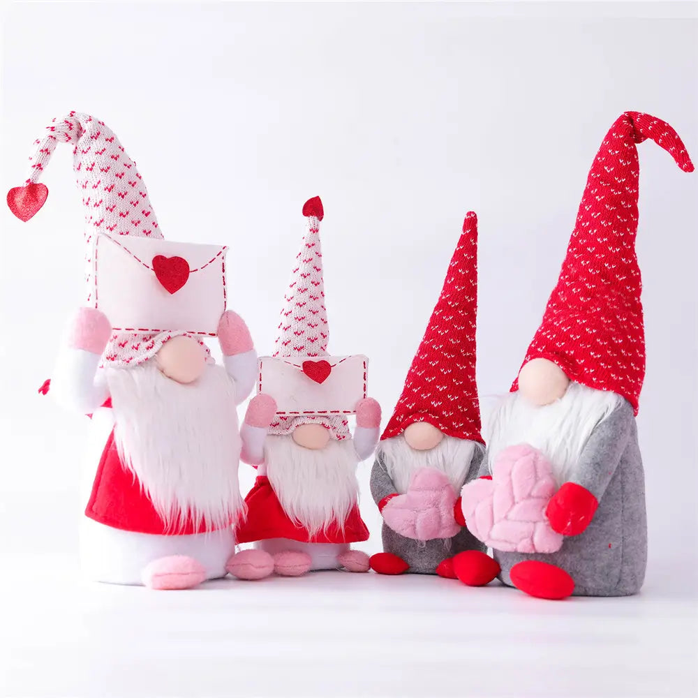 Valentinstag-Gnom-Plüsch, Rudolph-Puppe, Deko-Ornament mit bezaubernden Gnom-Figuren in Rot-Weiß mit flauschigen Bärten, die herzförmige Umschläge und Plüschherzen halten.