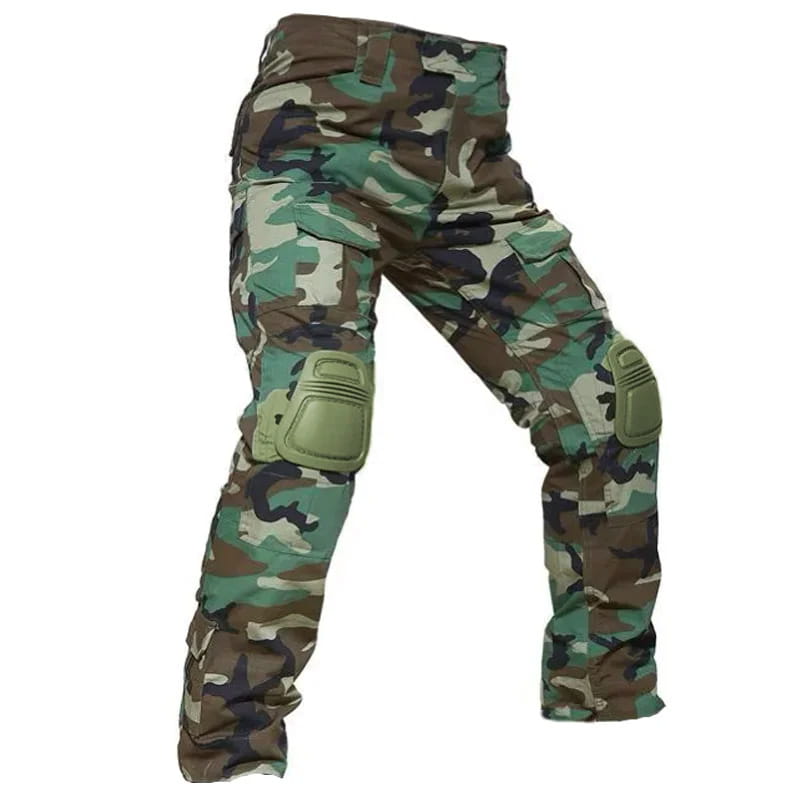 Tactical camouflage cargo pants for men featuring a woodland camouflage pattern with olive green knee pads designed for durability and outdoor use.