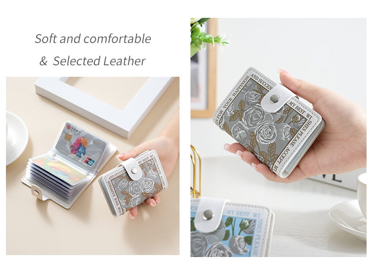 Vintage floral pu leather multi slot card holder wallet in gray with floral pattern, white leather flap, and silver-toned snap closure.