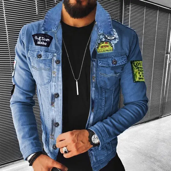 men shearling lined denim jacket in blue with patches and buttoned pockets made of denim material
