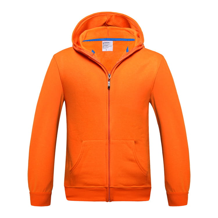 Men’s contrast trim fleece zip hoodie in bright orange with matching hood and front pockets featuring subtle blue trim along the inner collar.
