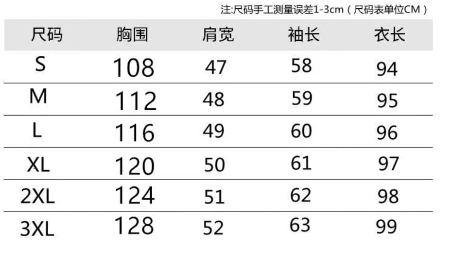 Size chart for women hooded cotton padded winter jacket showing measurements in centimeters for sizes S through 3XL.