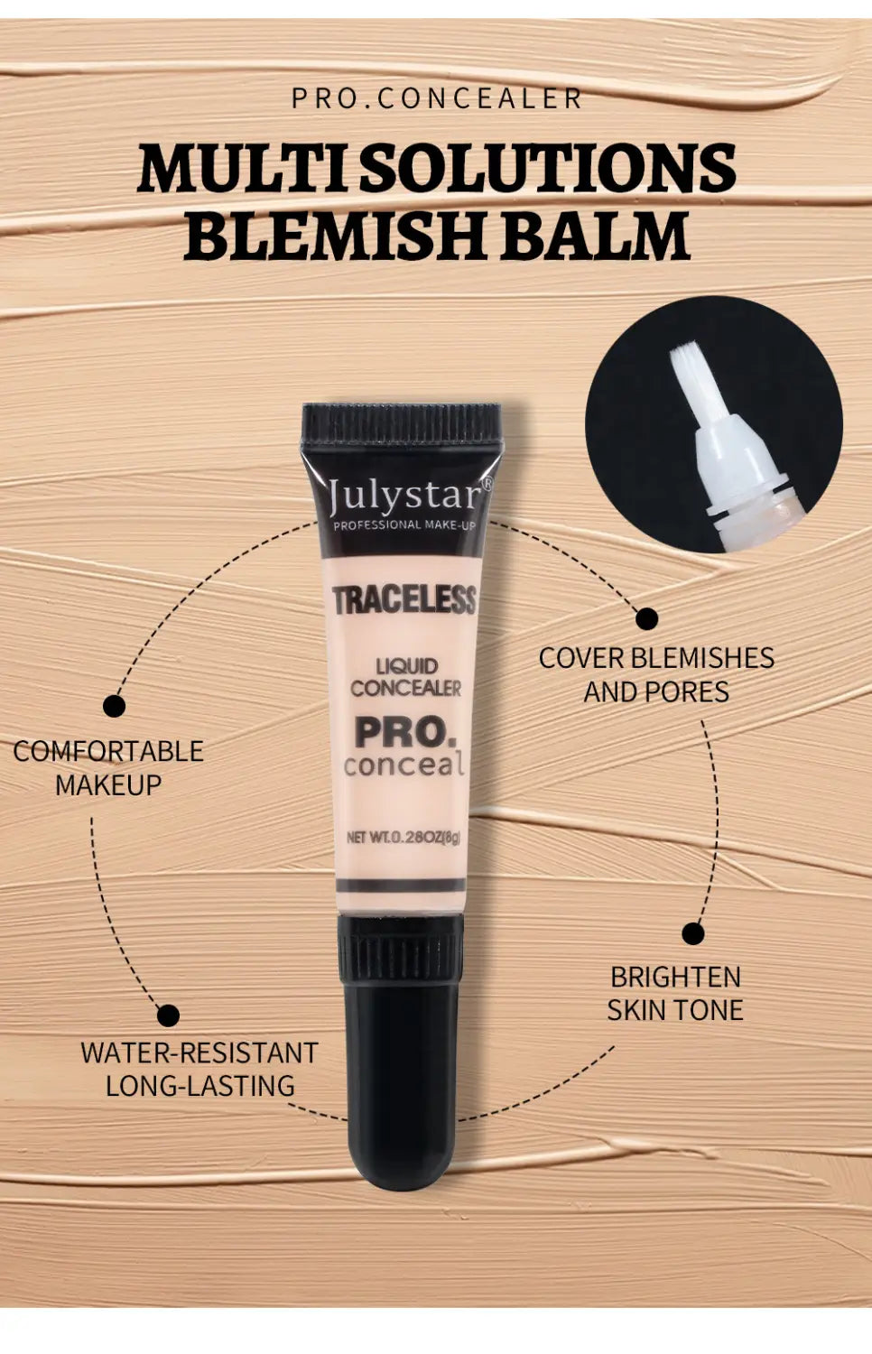 A sleek black-topped tube of julystar traceless multi solutions blemish balm with a beige body and bold black text featuring a precision applicator tip for tattoo concealer pro liquid makeup.