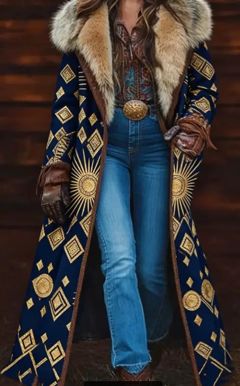 Langer dunkelblauer Damen- Wollmantel mit Musterung mit goldenen geometrischen Mustern und einem pelzgefütterten Kragen.
