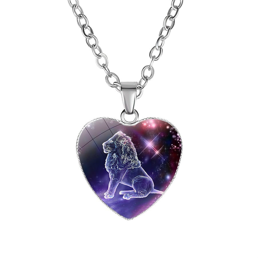 Zodiac celestial heart pendant galaxy constellation necklace featuring a silver-toned chain and a glossy cosmic-themed heart charm with an illustrated lion against a purple and pink starry background.