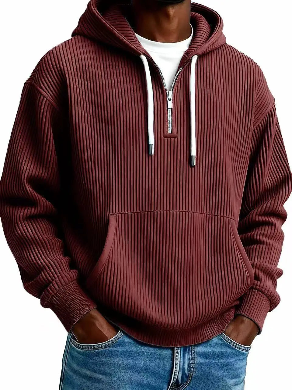Men’s ribbed corduroy half zip pullover hoodie in maroon ribbed cotton with white zipper and drawstrings.