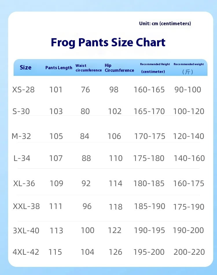 Frog pants size chart in centimeters for tactical camouflage cargo pants for men showing measurements from xs to 4xl.