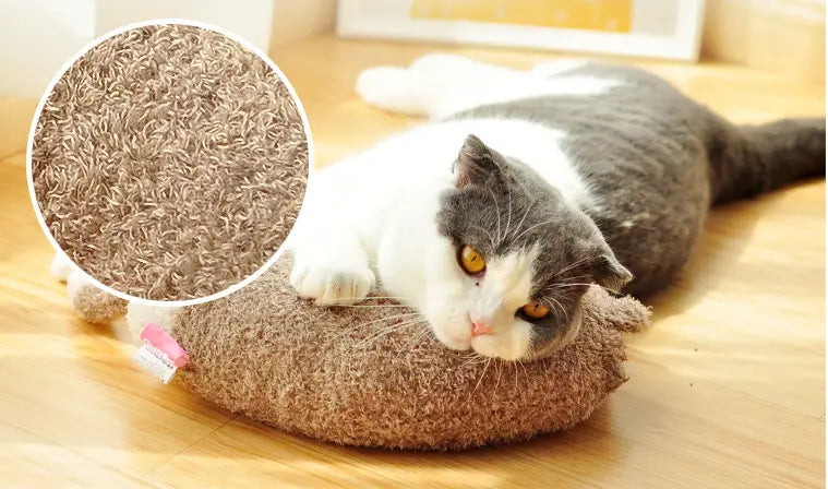 Ein gemütliches Plüsch-Katzenkissen in Braun mit weicher, strukturierter Oberfläche und einem kleinen rosa Anhänger, ausgelegt für Nackenunterstützung und Gelenkentlastung.