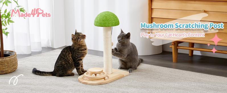 Green mushroom-shaped cat scratching post with white central pole and wooden base featuring a ball track for interactive play.