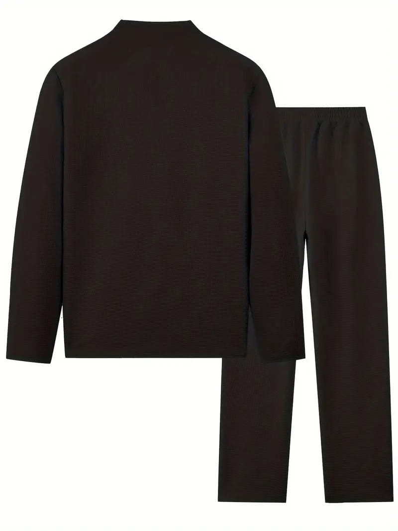 mens minimalist solid color sweatshirt jogger set featuring a black long-sleeved crewneck top and matching pants designed for comfortable casual wear
