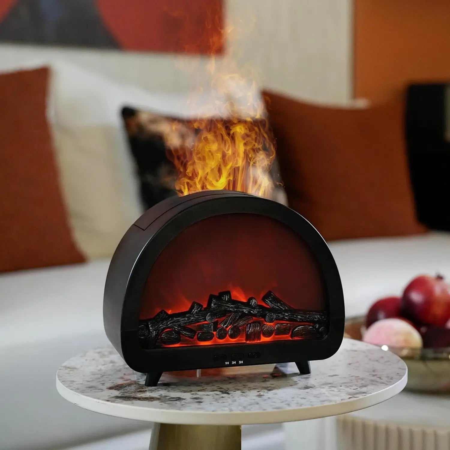 Black electric flame diffuser humidifier with multi color led mist featuring realistic glowing orange flames and faux logs inside a sleek curved housing.