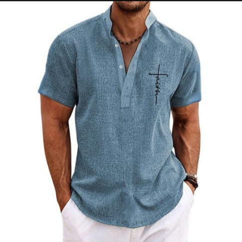 Men embroidered short sleeve polo shirt in blue textured fabric with subtle cross embroidery on the left chest.