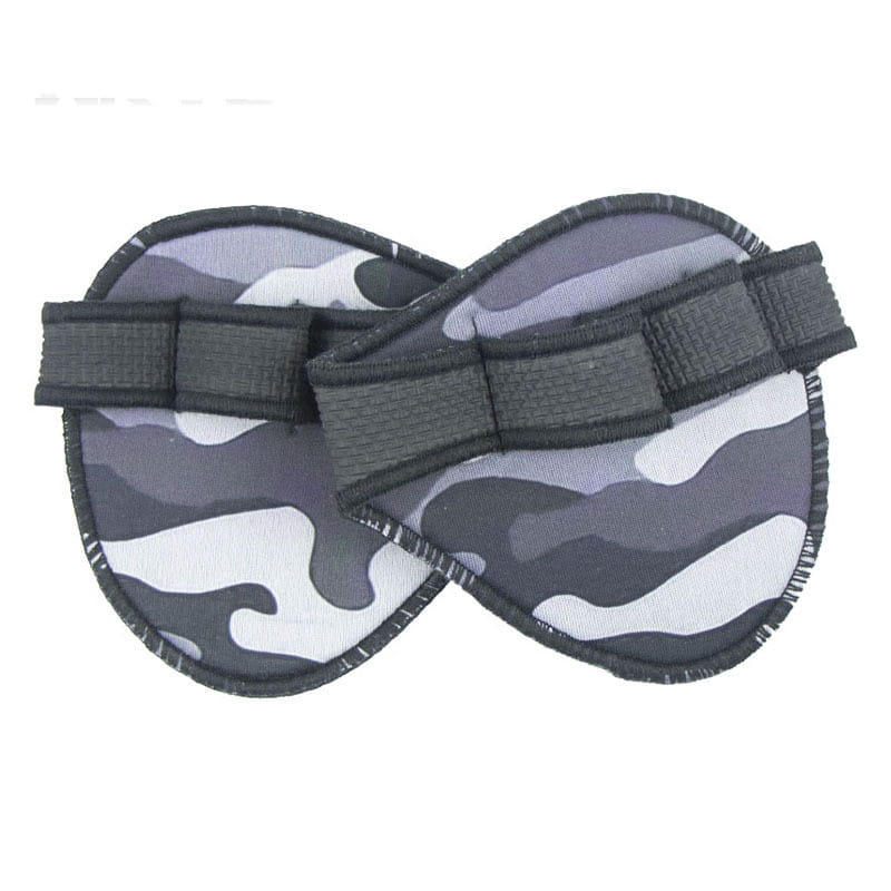 Gray and white camouflage-patterned eye mask with black elastic straps designed for use with camouflage weightlifting gloves training half finger.