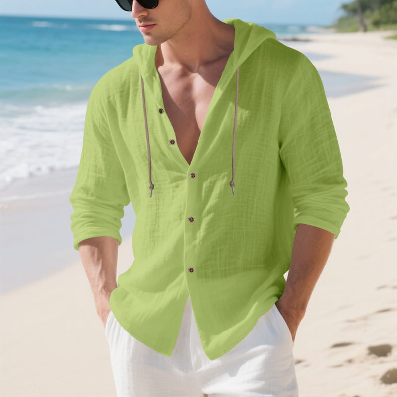 Men linen hooded cardigan shirt in vibrant lime green with a relaxed fit and lightweight textured fabric.