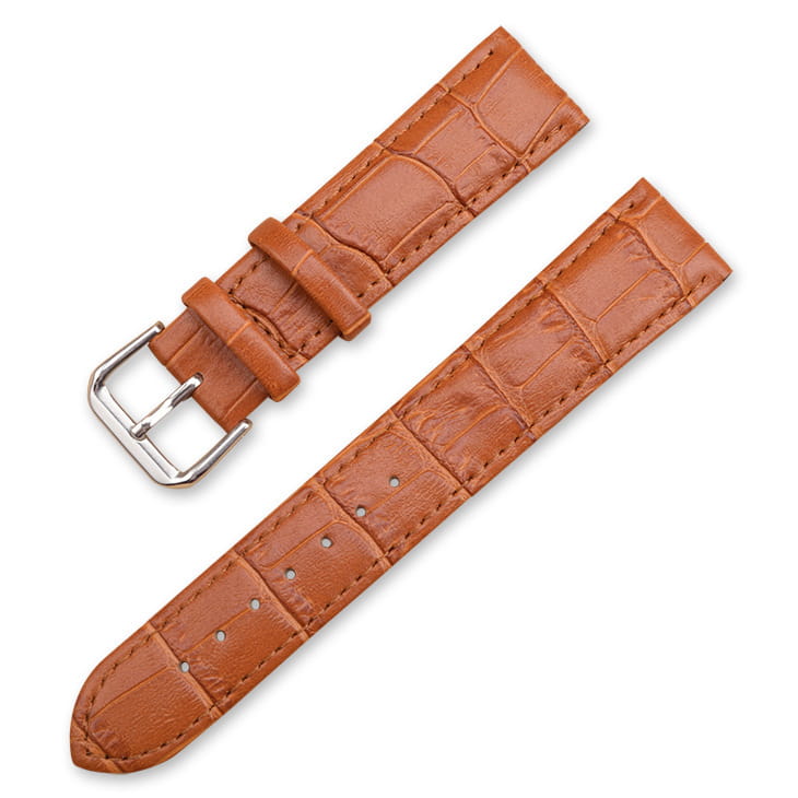 Tan crocodile-patterned leather watch strap with a silver-toned buckle from the Crocodile Leather Watch Strap Set with Buckle.