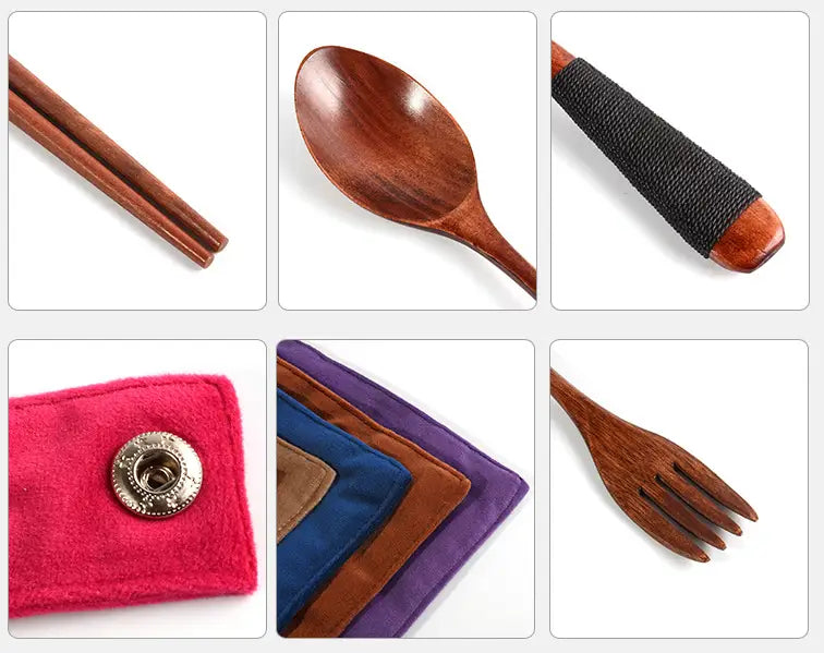 Ensemble de couverts en bois de 4 pièces, réutilisables pour les déplacements, comprenant cuillère, fourchette et baguettes, avec des poignées présentant un riche veinage en bois brun : une cuillère avec un manchon de prise noire texturée et des serviettes en feutre de couleurs rose, bleu, violet et beige.