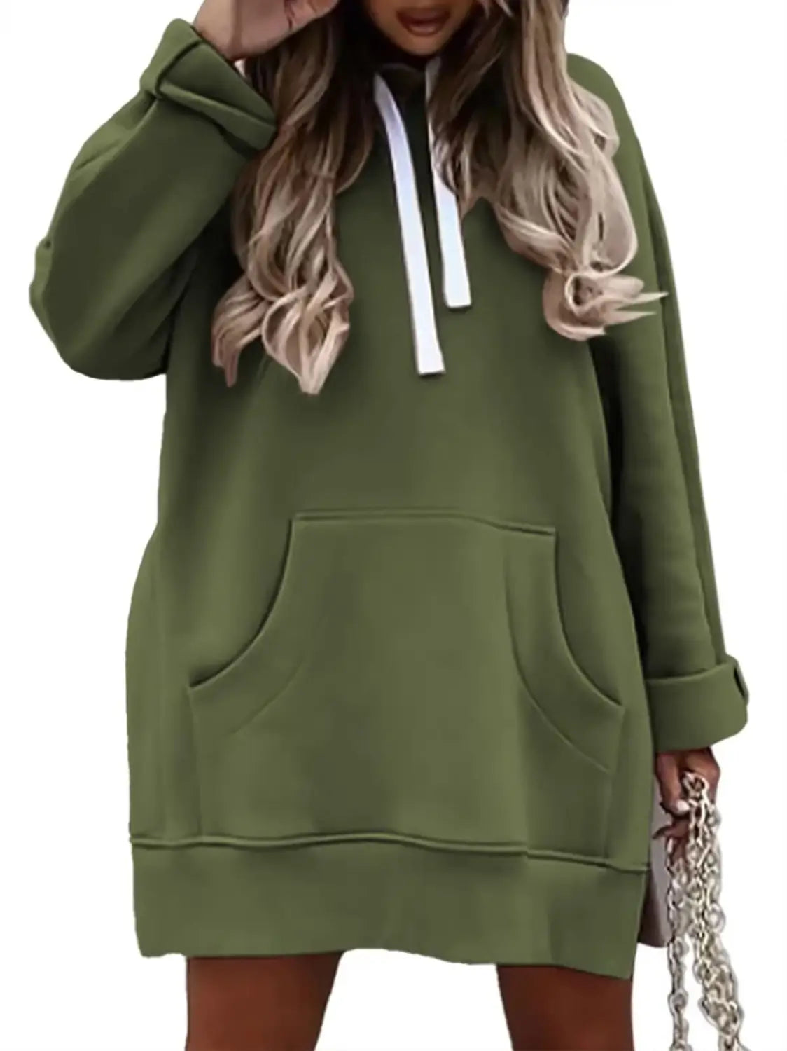 olive green oversized mid length hooded sweatshirt dress with white drawstrings and front pockets made of soft fabric for casual wear