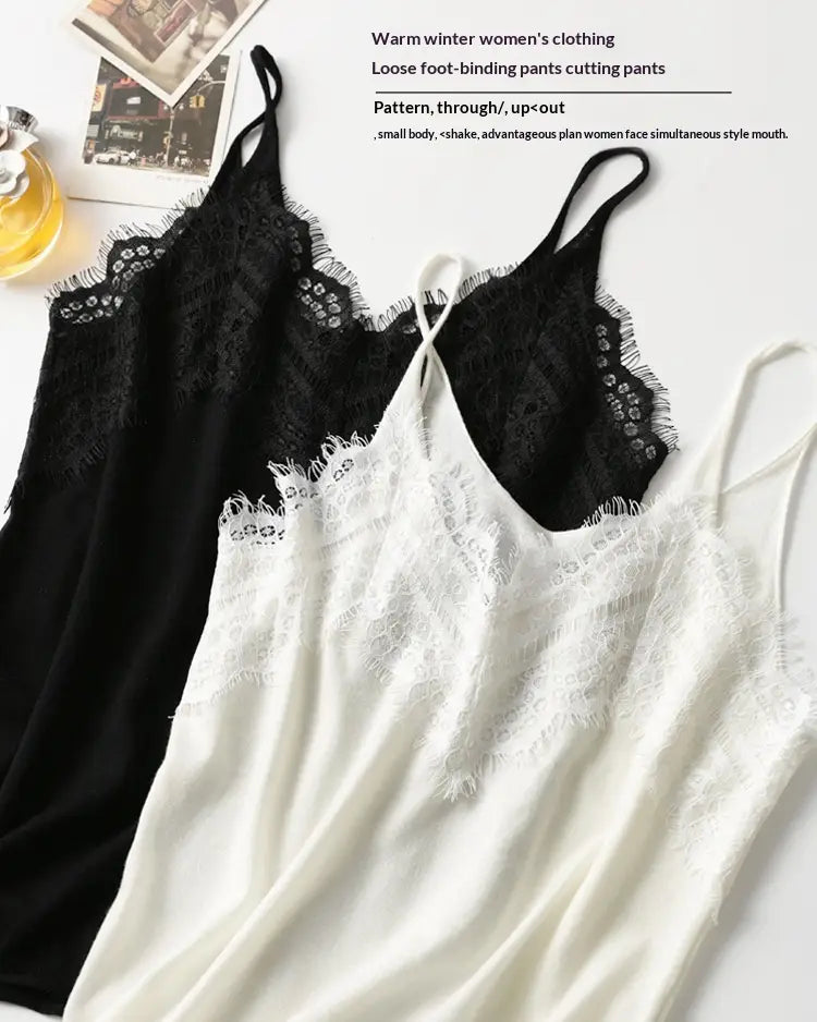 black and white lace trim camisole tops with thin straps and frayed edges made of delicate lace fabric