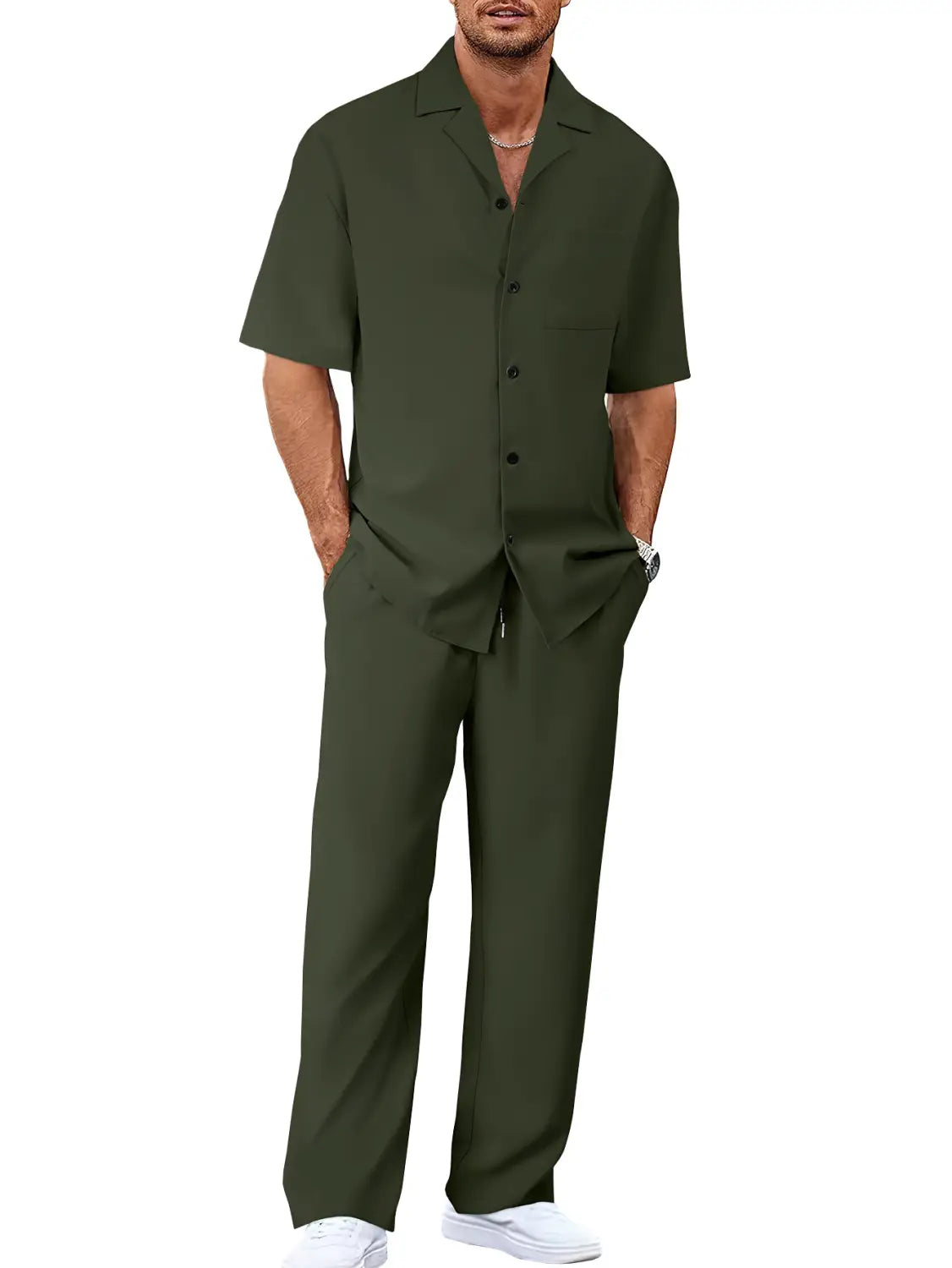 dark olive green men short sleeve casual suit set featuring a button-up shirt and matching trousers for a stylish and comfortable look