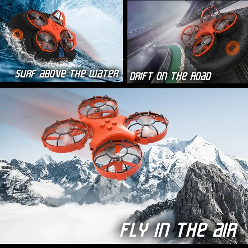 Dron cuadricóptero naranja con protectores de hélice negros y un logotipo circular en su lateral, diseñado como un vehículo estacionario (hovercraft) de dron RC 3 en 1 para uso en agua, tierra y aire.