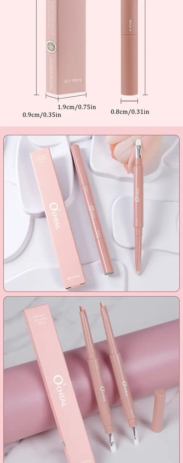 Rose gold dual ended eyeshadow and silkworm pen featuring a pink oravel dual ended eyebrow pencil with a sleek cylindrical design and metallic tip.