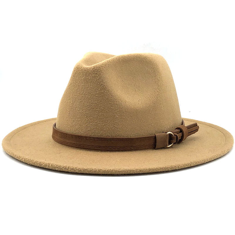 Beige wool fedora hat featuring a brown leather belt with buckle detail.