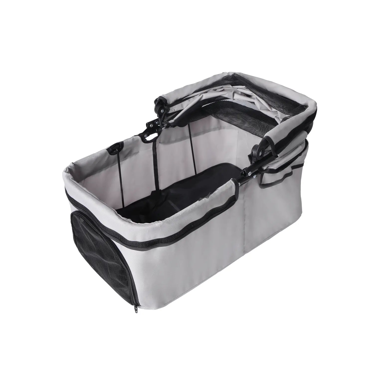 Foldable pet stroller for small dogs and cats in gray and black with mesh sides and a foldable design.