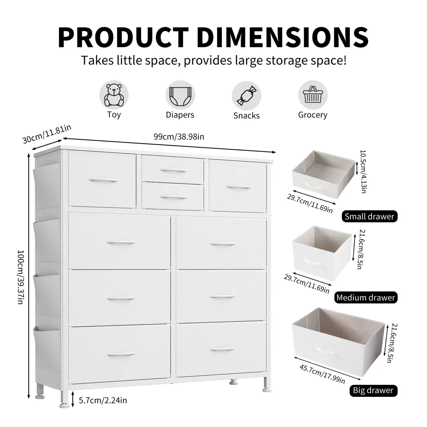 10-drawer Dresser with Side Pocket & Hooks Storage Cabinet with Wood Top for Bedroom Closet Organization