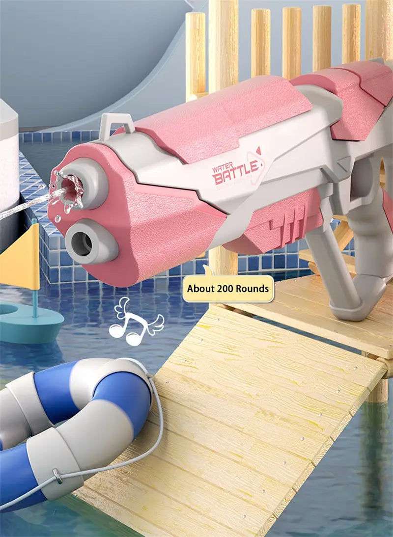 Pink and gray foam electric water gun with water battle branding and automatic glock design for playful outdoor use with 358ml capacity.