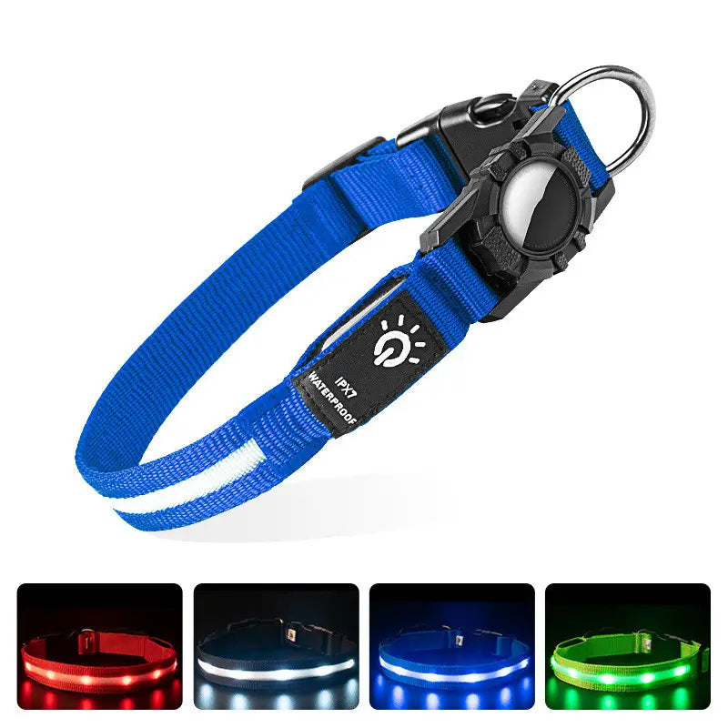 Collar para perros con localizador Airtag, impermeable, color azul con LED, fabricado en nailon, con tira reflectante y hebilla negra.