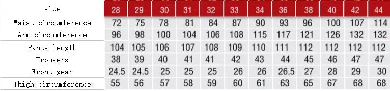 Size chart in inches for camouflage cargo trousers for men showing waist sizes from 28 to 44