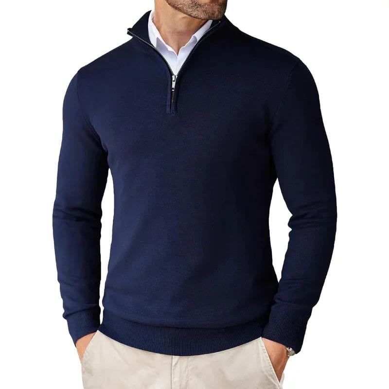 Suéter ligero de media cremallera para hombre en azul marino, confeccionado con tejido de punto, adecuado para superponer y para uso casual.
