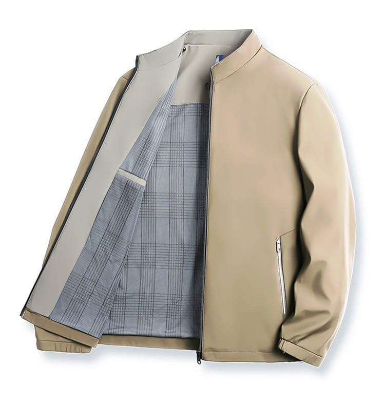 Men casual polo bomber jacket in beige with gray plaid interior lining and zippered pockets.