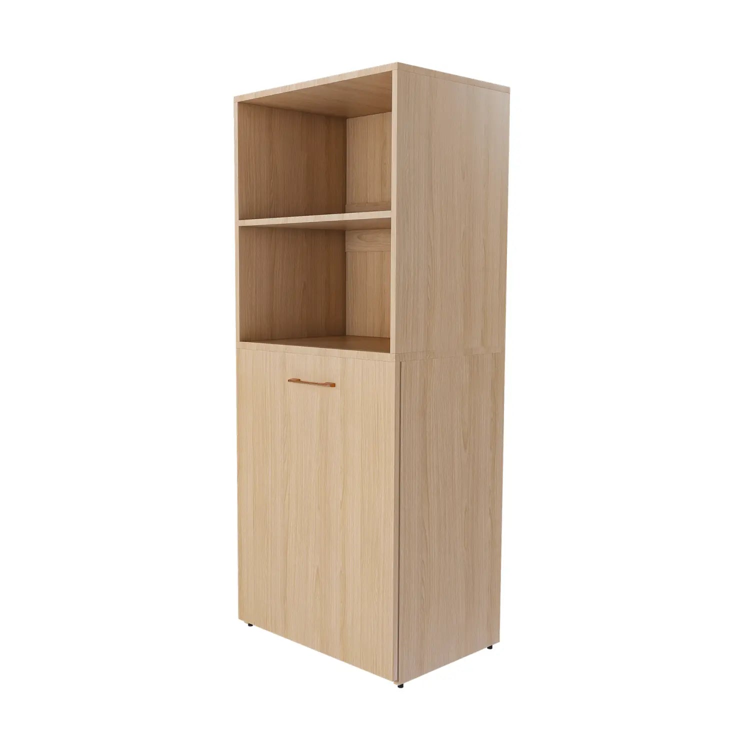 Bureau extensible en bois clair avec finition chêne clair, avec étagères de rangement et roues, doté de deux étagères ouvertes et d’un caisson à une porte en partie inférieure.