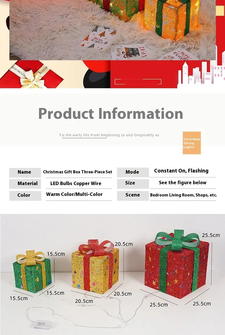 Led Christmas gift box set featuring three glittery decorations with warm multi-color LED lights, festive bows, and star patterns.