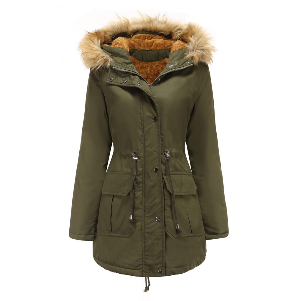 parka de invierno verde oliva con cuello de piel para mujer, con capucha forrada con piel color canela esponjosa, bolsillos frontales y abrigo de algodón acolchado para uso en climas fríos