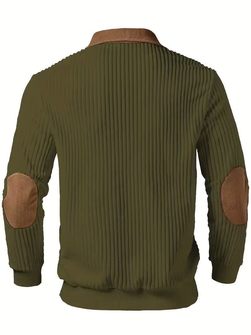 Men’s olive green ribbed knit sweater with brown leather elbow and collar patches featuring a half zip design.