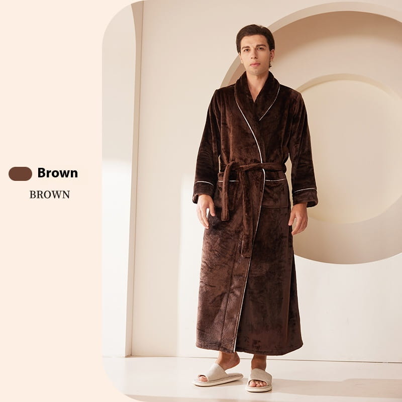 A plush brown coral fleece bathrobe set featuring a subtle pattern with contrasting white trim along the collar, cuffs, and waistband.