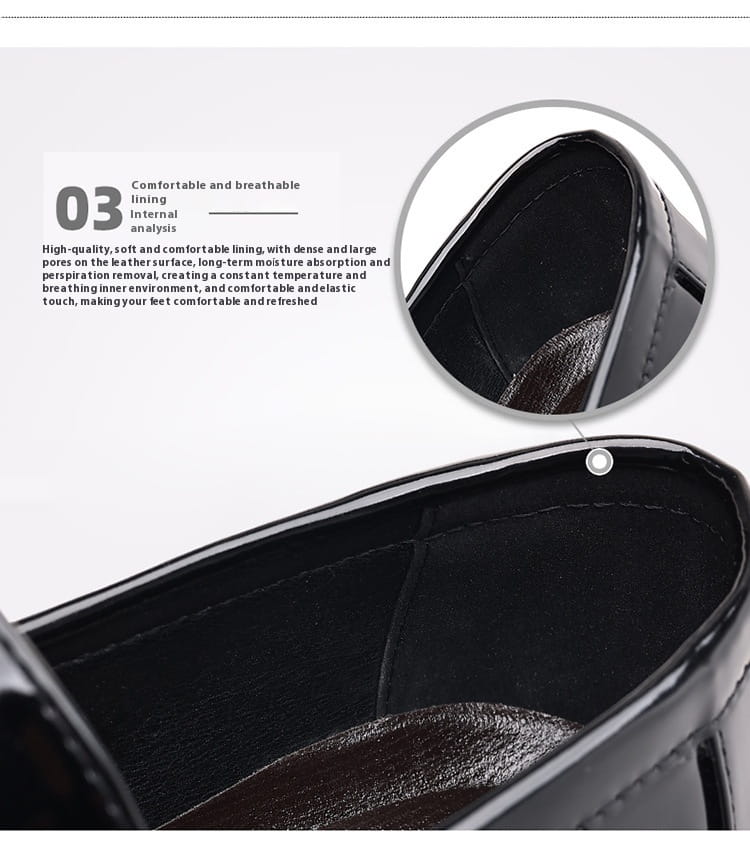 Men’s plus size business casual leather wedge shoe in black patent leather with a glossy finish and tassel detail.