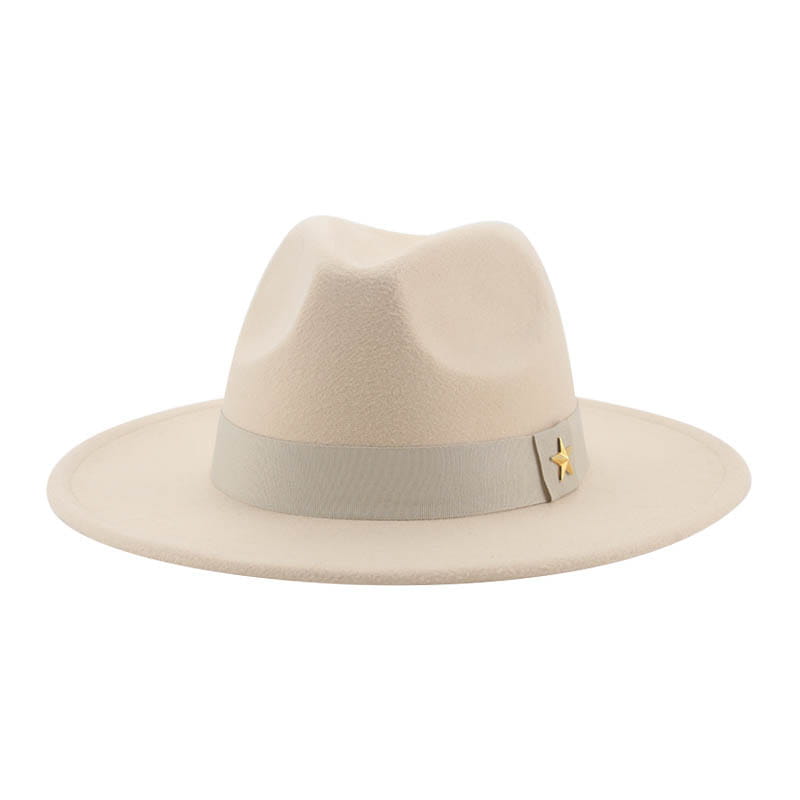 Beige wool felt fedora hat with a matching ribbon band and a small gold star accent.