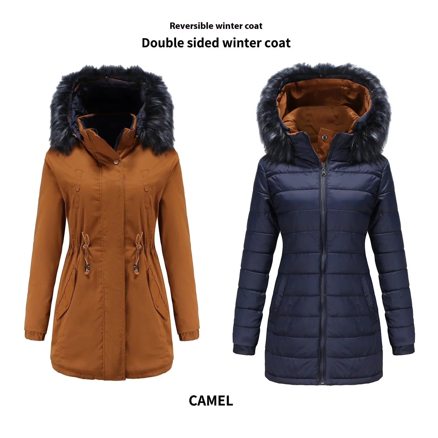 Reversible fur collar quilted parka with a plush black fur-lined hood shown in camel and navy blue sides.