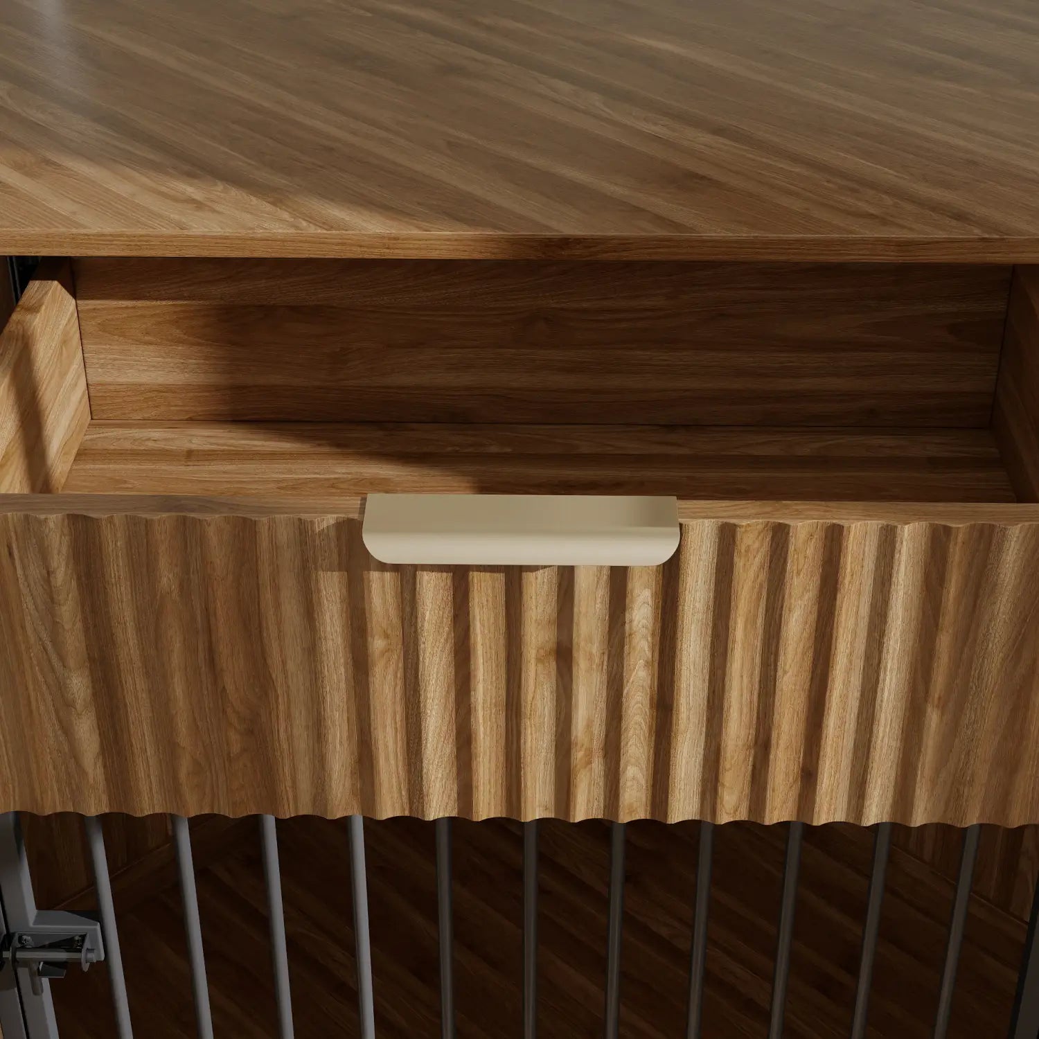 wooden ribbed drawer with a sleek white handle in a corner dog crate furniture piece with fluted storage drawer