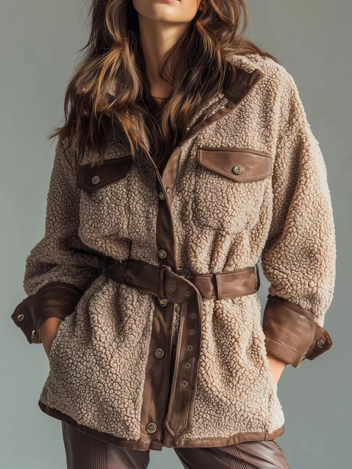 Beiger Shearling-Besatz-PU-Leder-Mantel mit Taillengürtel, mit braunen Lederakzenten und passendem Gürtel.