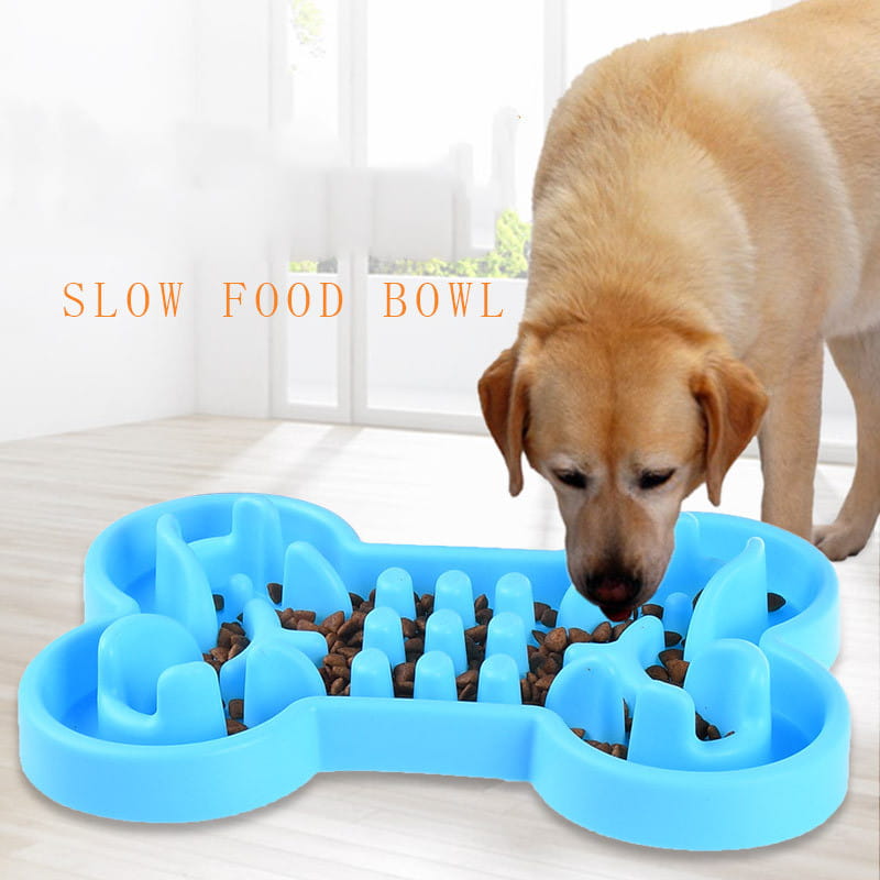 bol pour chien à alimentation lente en silicone en forme d’os bleu, conçu comme un puzzle pour favoriser une alimentation lente