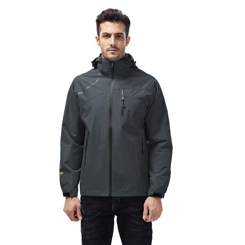 Men waterproof hiking jacket in dark gray featuring a hood and zippered pockets designed for outdoor use.