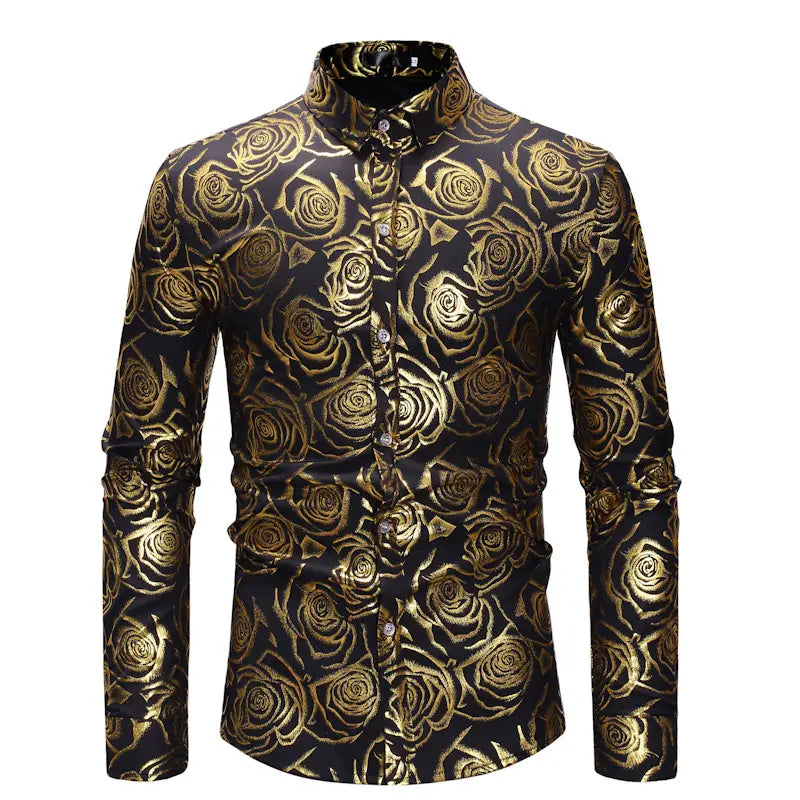 Chemise décontractée pour homme à manches longues à boutons, présentant un motif audacieux de roses noires et dorées avec un fini métallisé, conçue pour un usage décontracté.