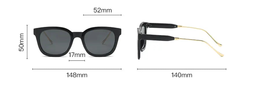Lunettes de soleil carrées polarisées à monture noire avec embouts de branches ton sur ton doré et verres gris foncé, à usage de mode