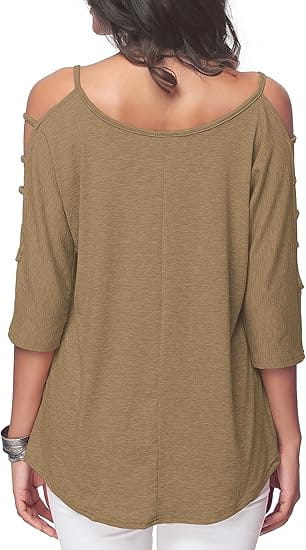 A soft olive green off-shoulder cut-out top with loose fit three-quarter sleeves and button details along the armholes.