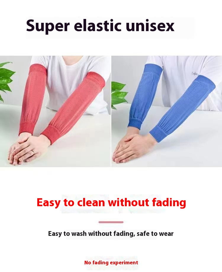 Red and blue super elastic unisex arm sleeves with ribbed knit texture provide sun protection cooling and breathable comfort.