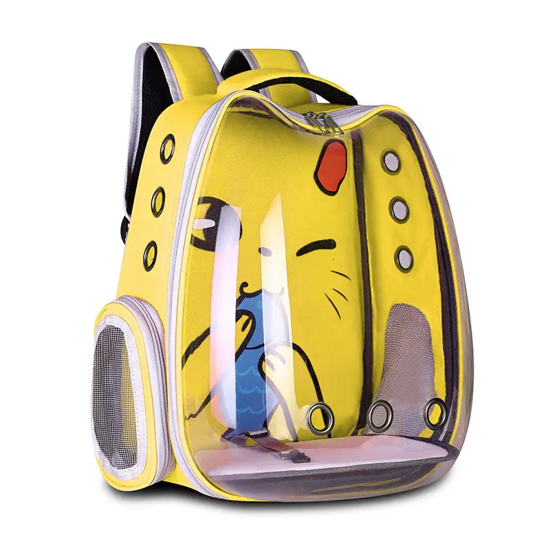 Yellow transparent breathable cat backpack carrier made of clear material with cartoon cat design and mesh ventilation panels.